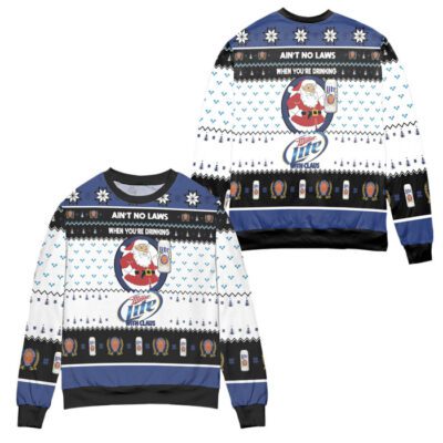Ain't No Laws When You're Drinking Miller Lite With Claus Ugly Christmas Sweater - White Blue