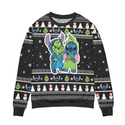 Baby Grinch And Stitch Snowman Pattern Claus Ugly Christmas Sweater Black 1