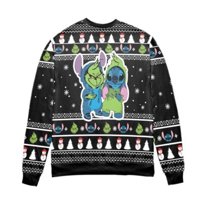 Baby Grinch And Stitch Snowman Pattern Claus Ugly Christmas Sweater Black 2