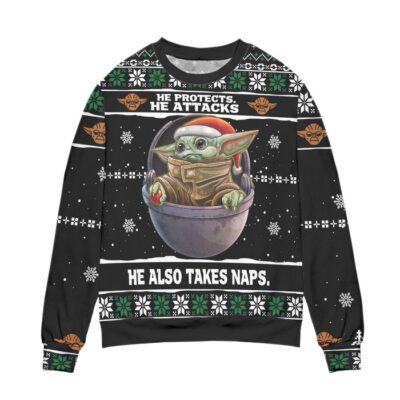 Baby Yoda He Protects He Attacks He Also Takes Naps Snowflake Pattern Ugly Christmas Sweater - Black 1 Baby Yoda He Protects He Attacks He Also Takes Naps Snowflake Pattern Ugly Christmas Sweater Black 1