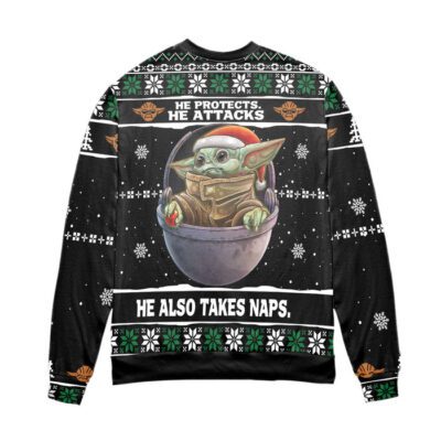Baby Yoda He Protects He Attacks He Also Takes Naps Snowflake Pattern Ugly Christmas Sweater - Black 2 Baby Yoda He Protects He Attacks He Also Takes Naps Snowflake Pattern Ugly Christmas Sweater Black 2