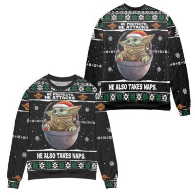 Baby Yoda He Protects He Attacks He Also Takes Naps Snowflake Pattern Ugly Christmas Sweater - Black