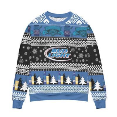 Bud Light Snowflakes Pattern Ugly Christmas Sweater - Blue 1 Bud Light Snowflakes Pattern Ugly Christmas Sweater Blue 1