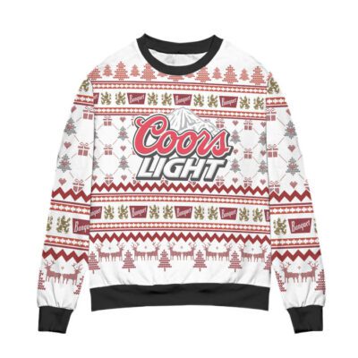 Coors Light Reindeer & Pine Tree Pattern Ugly Christmas Sweater - White 2 Coors Light Reindeer Pine Tree Pattern Ugly Christmas Sweater White 2