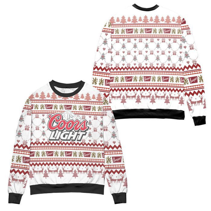 Coors-Light-Reindeer-Pine-Tree-Pattern-Ugly-Christmas-Sweater-White Coors Light Reindeer & Pine Tree Pattern Ugly Christmas Sweater - White