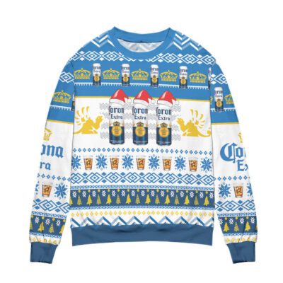 Corona Extra Beer Logo Christmas Pattern Ugly Christmas Sweater - White Blue 1 Corona Extra Beer Logo Christmas Pattern Ugly Christmas Sweater White Blue 1