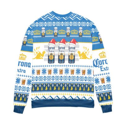 Corona Extra Beer Logo Christmas Pattern Ugly Christmas Sweater - White Blue 2 Corona Extra Beer Logo Christmas Pattern Ugly Christmas Sweater White Blue 2