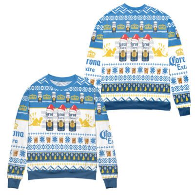 Corona Extra Beer Logo Christmas Pattern Ugly Christmas Sweater - White Blue
