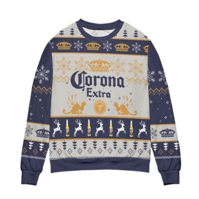 Corona Extra Snowflake & Reindeer Pattern Ugly Christmas Sweater 1 Corona Extra Snowflake Reindeer Pattern Ugly Christmas Sweater 1