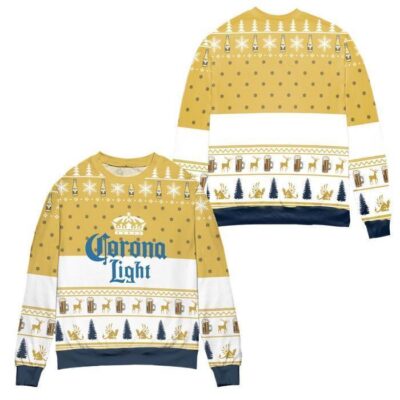 Corona Light Beer Snowflake Pattern Ugly Christmas Sweater - White Yellow