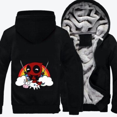 Deadpool Riding Unicorn On Rainbow Deadpool Fleece Zip Hoodie Jacket 3