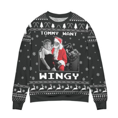 Dear Santa Tommy Want Wingy Snowflake Pattern Ugly Christmas Sweater Black 1