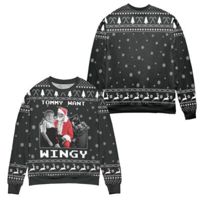 Dear Santa Tommy Want Wingy Snowflake Pattern Ugly Christmas Sweater - Black