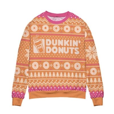 Dunkin Donuts Snow Flake Pine Tree Ugly Christmas Sweater Orange 2