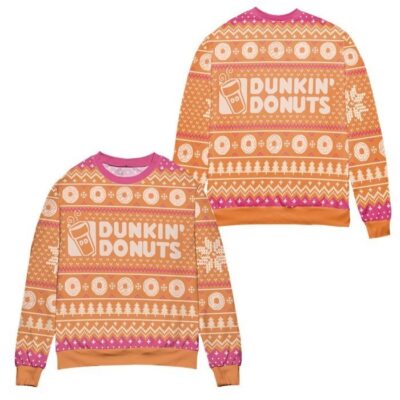 Dunkin' Donuts Snow Flake & Pine Tree Ugly Christmas Sweater - Orange
