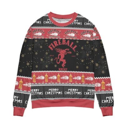 Fireball Red Hot Whisky Snowflake Ugly Christmas Sweater - Black Red 1 Fireball Red Hot Whisky Snowflake Ugly Christmas Sweater Black Red 1