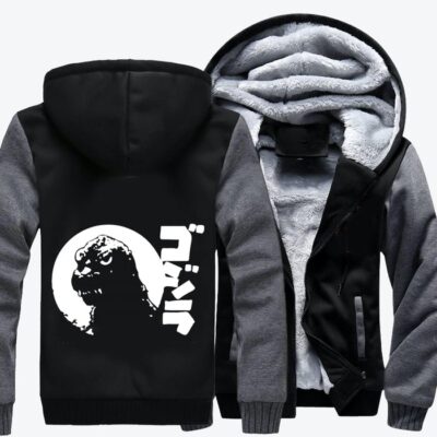 Grunge Motif Godzilla Fleece Zip Hoodie Jacket 2