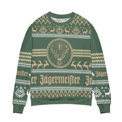 Jagermeister Logo Reindeer Pattern Ugly Christmas Sweater Green 1
