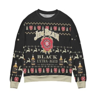 Jim Beam Black Extra Aged Bourbon Reindeer Pattern Ugly Christmas Sweater Black 1