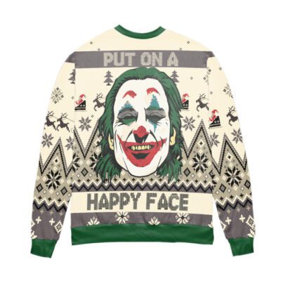 Joker Put On A Happy Face Reindeer & Pine Tree Pattern Ugly Christmas Sweater 1 Joker Put On A Happy Face Reindeer Pine Tree Pattern Ugly Christmas Sweater 1
