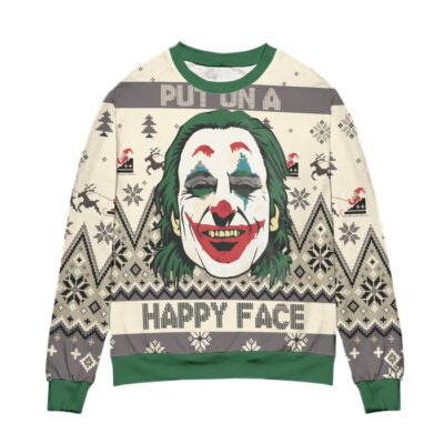 Joker Put On A Happy Face Reindeer & Pine Tree Pattern Ugly Christmas Sweater 2 Joker Put On A Happy Face Reindeer Pine Tree Pattern Ugly Christmas Sweater 2