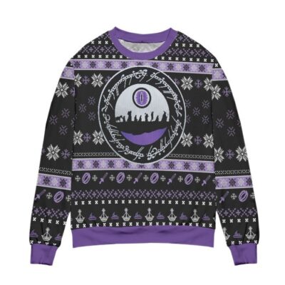 Lord Of The Rings Pattern Snowflake Ugly Christmas Sweater Black Purple 1