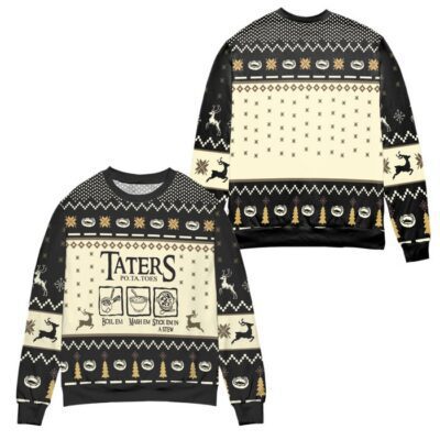 Lord of The Rings Taters Potatoes Recipe Pine Tree & Reindeer Pattern Ugly Christmas Sweater - Black