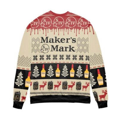 Maker's Mark Bourbon Whisky Pine Tree & Reindeer Ugly Christmas Sweater 1 Makers Mark Bourbon Whisky Pine Tree Reindeer Ugly Christmas Sweater 1