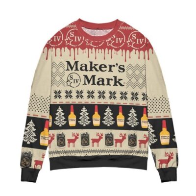 Maker's Mark Bourbon Whisky Pine Tree & Reindeer Ugly Christmas Sweater 2 Makers Mark Bourbon Whisky Pine Tree Reindeer Ugly Christmas Sweater 2