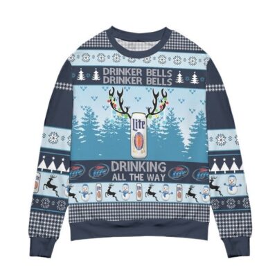 Miller Lite Drinker Bells Drinking All The Way Ugly Christmas Sweater Blue 1