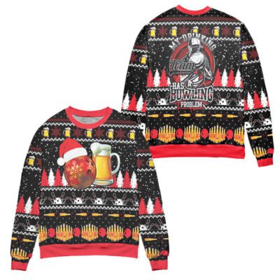My Drinking Team Has A Bowling Problem Snowflake Pattern Ugly Christmas Sweater - Black