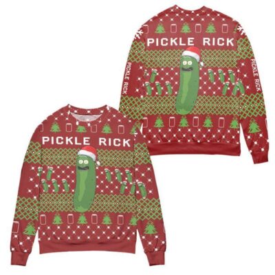 Pickle Rick and Morty Christmas Pine Tree Pattern Ugly Christmas Sweater - Red