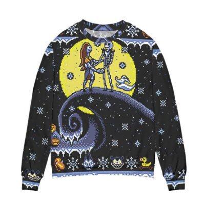 Pixel Jack And Sally Snowy Night Ugly Christmas Sweater Black 2