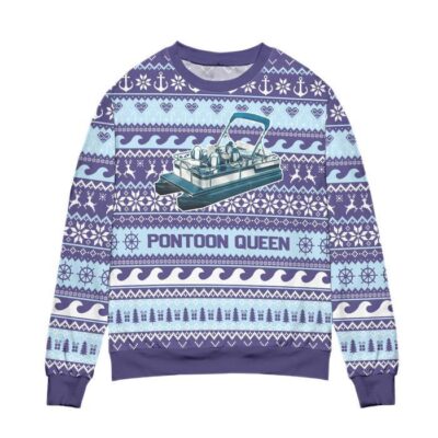 Pontoon Queen Penguin Snowflake Ugly Christmas Sweater Blue 1