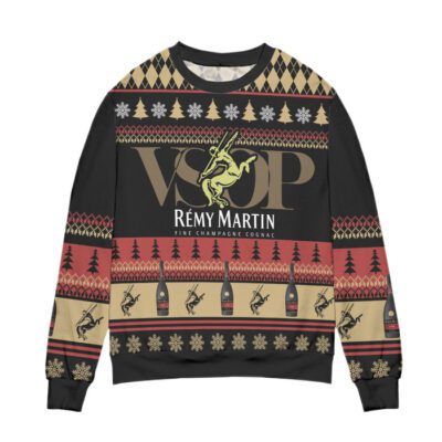 Remy Martin Cognac Snowflake Pine Tree Pattern Ugly Christmas Sweater Black 1