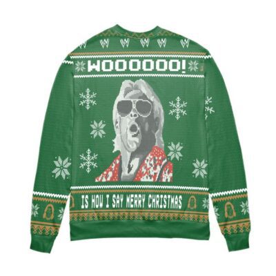 Ric Flair Woooo Is How I Say Merry Christmas Snowflake Pattern Ugly Christmas Sweater Green 1