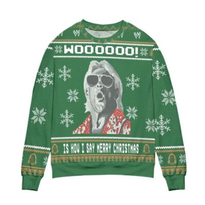 Ric Flair Woooo Is How I Say Merry Christmas Snowflake Pattern Ugly Christmas Sweater Green 2