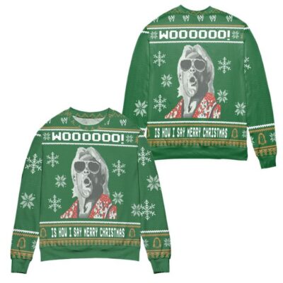 Ric Flair Woooo - Is How I Say Merry Christmas Snowflake Pattern Ugly Christmas Sweater - Green