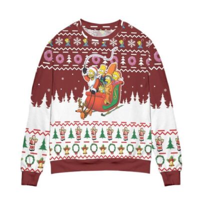 Santa Claus The Simpsons Version Snowflake & Pine Tree Pattern Ugly Christmas Sweater - Red 1 Santa Claus The Simpsons Version Snowflake Pine Tree Pattern Ugly Christmas Sweater Red 1