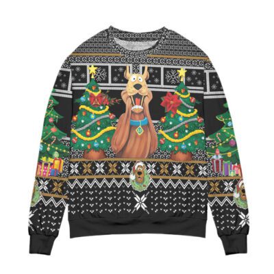 Santa Scoopy Doo And Christmas Tree Ugly Christmas Sweater - Black 1 Santa Scoopy Doo And Christmas Tree Ugly Christmas Sweater Black 1