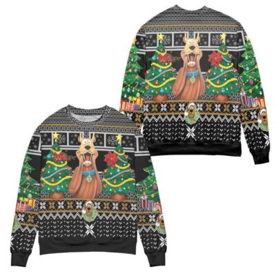 Santa Scoopy Doo And Christmas Tree Ugly Christmas Sweater - Black
