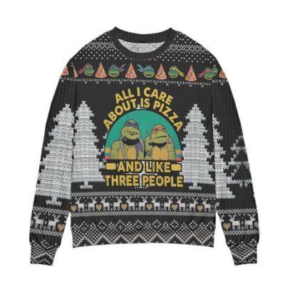 Teenage Mutant Ninja Turtles All I Care About Is Pizza Pine Tree Ugly Christmas Sweater Black 1