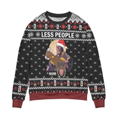 Thanos Less People More Miller Lite Snowflake Pattern Ugly Christmas Sweater - Black 1 Thanos Less People More Miller Lite Snowflake Pattern Ugly Christmas Sweater Black 1