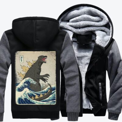 The Great Godzilla Off Kanagawa Ukiyo e Fleece Zip Hoodie Jacket 2