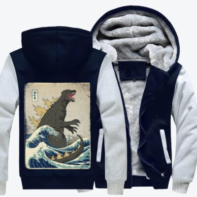 The Great Godzilla Off Kanagawa Ukiyo-e Fleece Zip Hoodie Jacket
