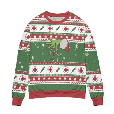 The Grinch Hand Holding Nurse Stethoscope Ugly Christmas Sweater 1