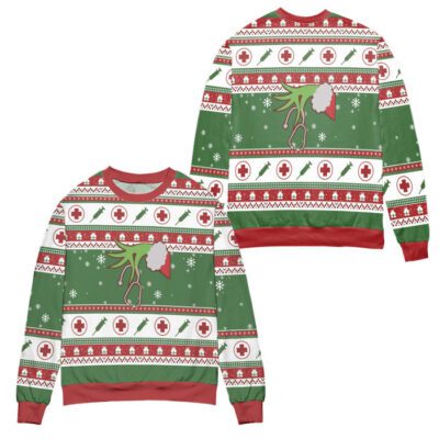 The Grinch Hand Holding Nurse Stethoscope Ugly Christmas Sweater