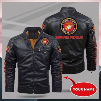 United States Marine Corps Semper Fidelis Custom Name Fleece Leather Jacket CFLJ001