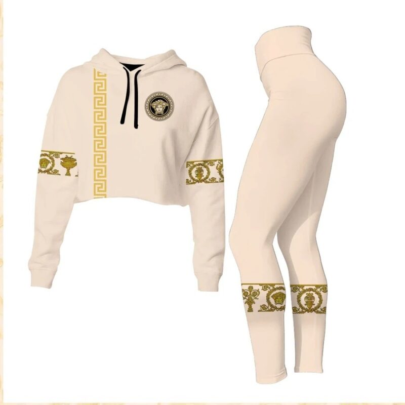 Versace Beige Croptop Hoodie Legging Set For Women Luxury