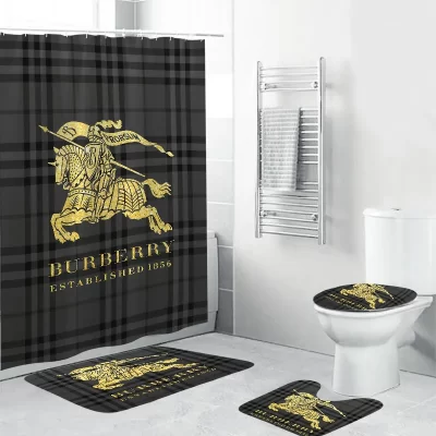 Burberry Logo Gold Shower Curtains Vibrant Vibes Home Decor Bathroom Toilet Cover Mat Bath Mat Set BRS235